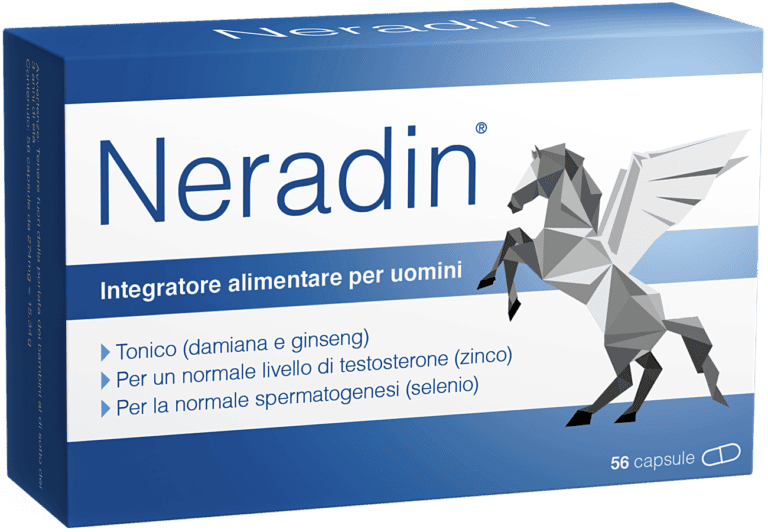 Scatola di Neradin, integratore alimentare per uomini con cavallo alato.