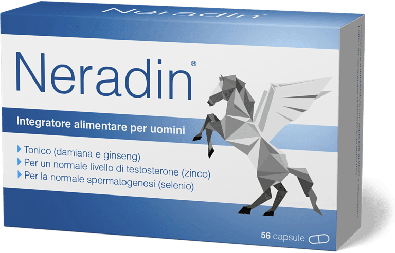 Confezione di Neradin, integratore alimentare per uomini con ginseng e zinco.