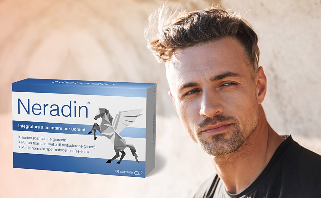 Box di Neradin, integratore naturale per uomini, con sfondo naturale e uomo che guarda avanti.